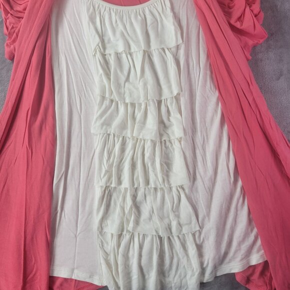 New Directions Womens Open Front Ruched Sleeve Cardigan Coral XL Layered Ruffle - Picture 4 of 10